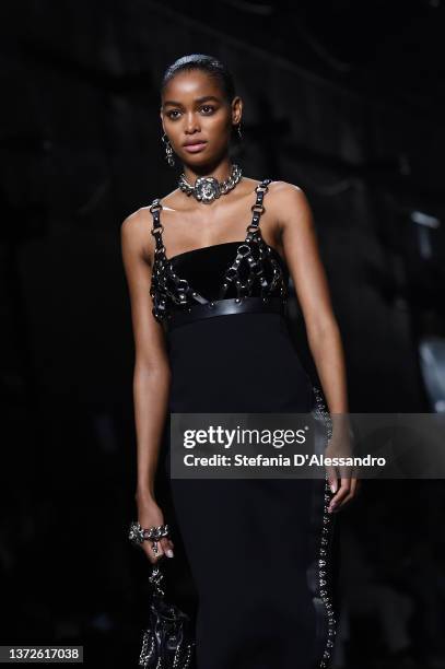 Model walks the runway at the Roberto Cavalli fashion show during the Milan Fashion Week Fall/Winter 2022/2023 on February 23, 2022 in Milan, Italy.