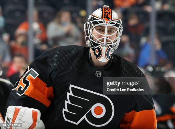 Martin Jones of the Philadelphia Flyers skates during warm-ups prior to his game against the Carolina Hurricanes at the Wells Fargo Center on...