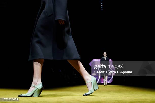Model, shoe detail, walks the runway at the Prada fashion show during the Milan Fashion Week Fall/Winter 2022/2023 on February 24, 2022 in Milan,...