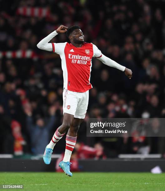 Thomas Partey of Arsenal celebrates at the full time whistle after the Premier League match between Arsenal and Wolverhampton Wanderers at Emirates...