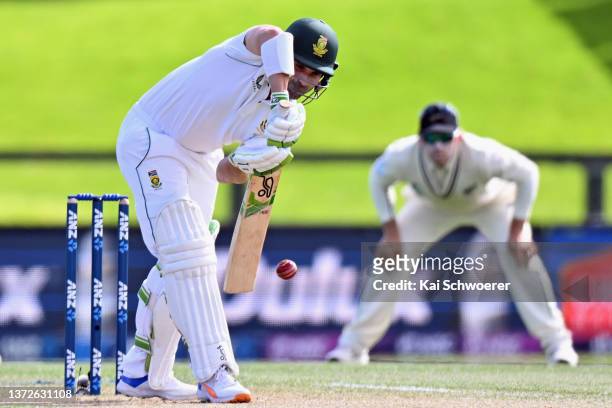 Dean Elgar of South Africa bats during day one of the Second Test Match in the series between New Zealand and South Africa at Hagley Oval on February...