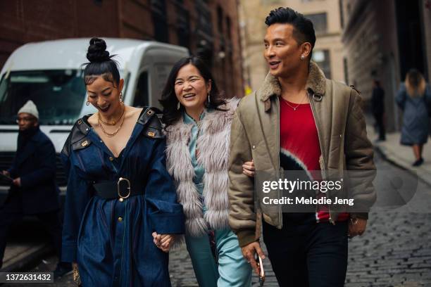 Actress Arden Choi, Hannah Pham, and designer Prabal Gurung after the Prabal Gurung show at Spring Studios during New York Fashion Week Fall/Winter...