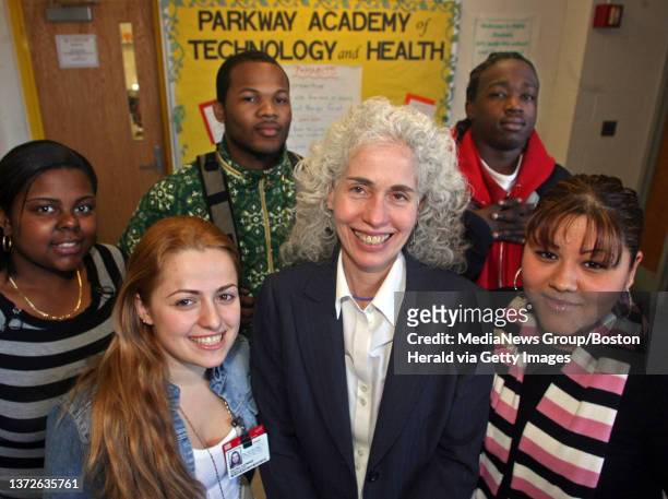 Parkway Academy of Technology and Health. L to R: Vanessa Lamerique, Dafina Kozmaqi, Desmond Brown, Dr. Barbara Ferrer, Kavaris Renolds, and Madelyn...