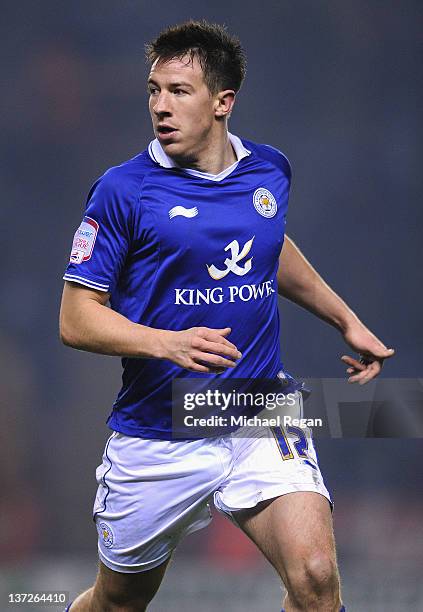 Sean St Ledger of Leicester looks on during the FA Cup Third Round Replay between Nottingham Forest and Leicester City at The King Power Stadium on...