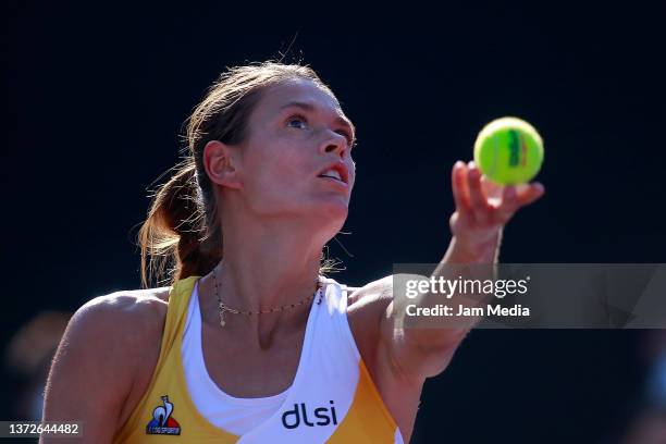 Chloe Paquet of France serves during a match between Chloe Paquet of France and Sloane Stephens of United States as part of day 4 of the AKRON WTA...