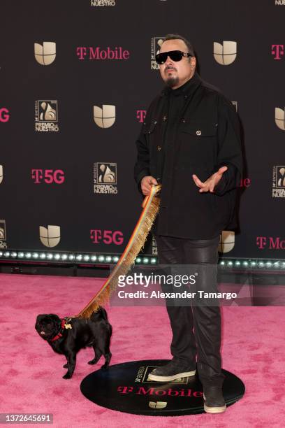 Pepe Aguilar and his dog Gordo El Pug Aguilar attend Univision's 34th Edition Of Premio Lo Nuestro a la Música Latina at FTX Arena on February 24,...