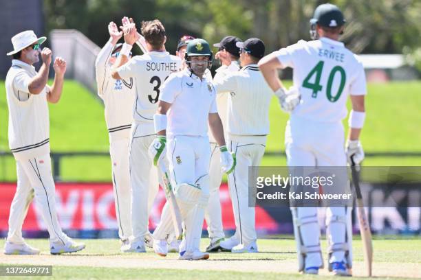 Dean Elgar of South Africa looks dejected after being dismissed by Tim Southee of New Zealand during day one of the Second Test Match in the series...