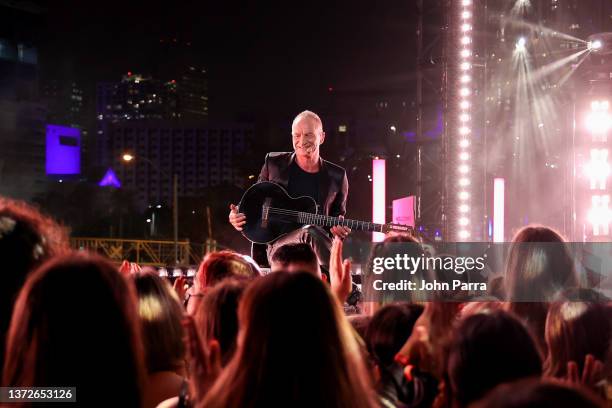 In this image released on February 24 Sting performs during Univision's 34th Edition Of Premio Lo Nuestro a la Música Latina at FTX Arena on February...