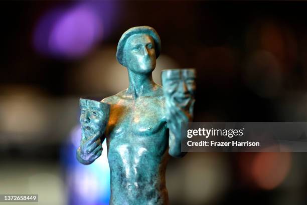 Screen actors Guild statue at the 28th Screen Actors Guild Awards Media Preview Day at Barker Hangar on February 24, 2022 in Santa Monica, California.