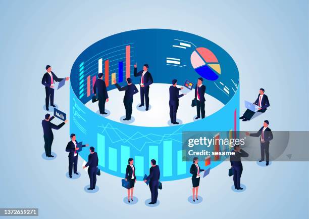 business team analyzing data on virtual screen, business statistics management, consulting marketing services. - virtual business strategy stock illustrations