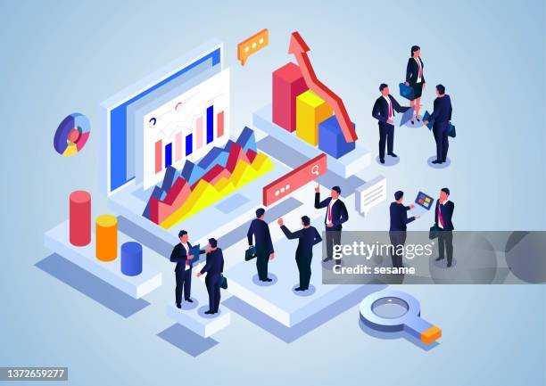 chart data analysis, financial data management and search, team group work together to communicate to complete the project - software developers team stock illustrations