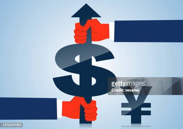 stockillustraties, clipart, cartoons en iconen met fed rate hike policy, money financial exchange rate increase, money profit increase, two hands pull up dollar sign - yen sign