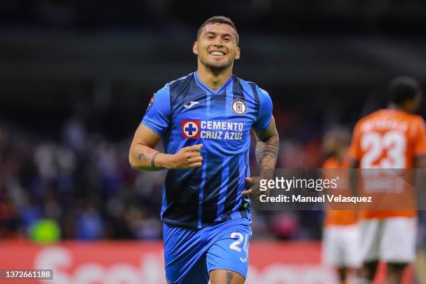 Juan Escobar of Cruz Azul celebrates after scoring the third goal of his team during the round of 16 2nd leg match between Cruz Azul and Forge FC as...