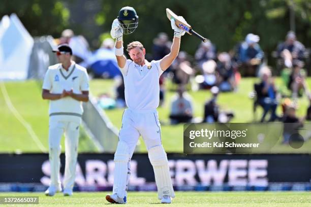 Sarel Erwee of South Africa celebrates his century during day one of the Second Test Match in the series between New Zealand and South Africa at...