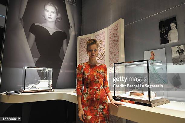 Supermodel Eva Herzigova poses as she visits the Montblanc booth at SIHH 2012 on January 18, 2012 in Geneva, Switzerland. Eva wears Montblanc...