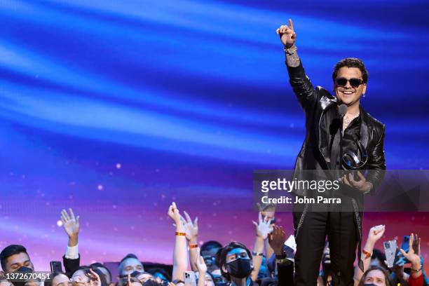 Christian Nodal accepts an award onstage during Univision's 34th Edition Of Premio Lo Nuestro a la Música Latina at FTX Arena on February 24, 2022 in...