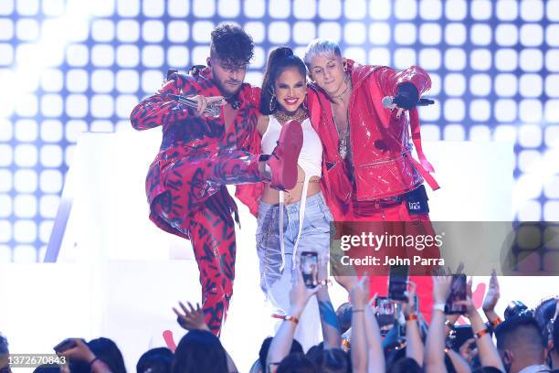 Prince Royce, Natti Natasha, and Khea perform during Univision's 34th Edition Of Premio Lo Nuestro a la Música Latina at FTX Arena on February 24,...