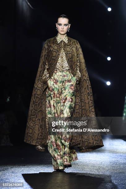 Model walks the runway at the Roberto Cavalli fashion show during the Milan Fashion Week Fall/Winter 2022/2023 on February 23, 2022 in Milan, Italy.