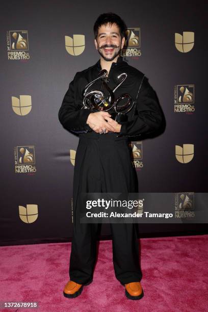 Camilo poses with awards during Univision's 34th Edition Of Premio Lo Nuestro a la Música Latina at FTX Arena on February 24, 2022 in Miami, Florida.