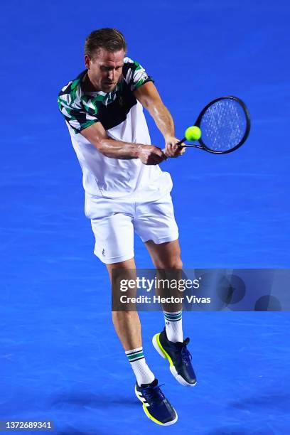 Peter Gojowczyk of Germany plays a backhand during a match between Cameron Norrie of Great Britain and Peter Gojowczyk of Germany as part of day 4 of...