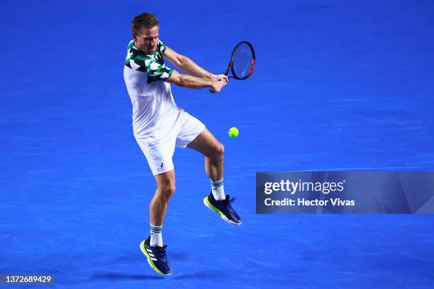 Peter Gojowczyk of Germany plays a backhand during a match between Cameron Norrie of Great Britain and Peter Gojowczyk of Germany as part of day 4 of...