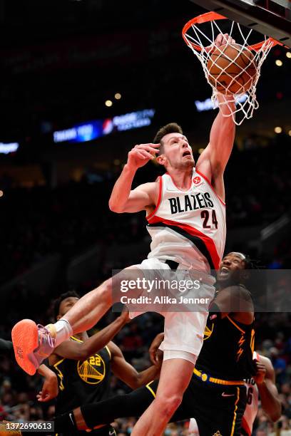 Drew Eubanks of the Portland Trail Blazers dunks the ball during the second quarter against the Golden State Warriors at the Moda Center on February...