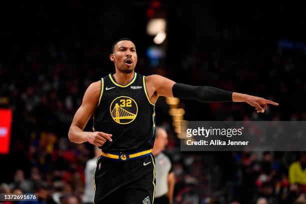 Otto Porter Jr. #32 of the Golden State Warriors points during the third quarter against the Portland Trail Blazers at the Moda Center on February...