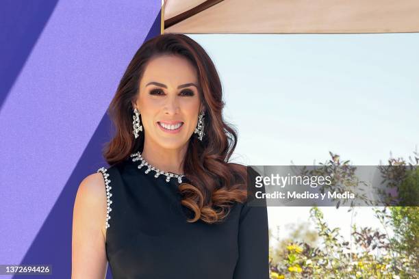 Mexican actress Jacqueline Bracamontes smiles and looks at the camera during a presentation of a new line of Koleston products on February 24, 2022...