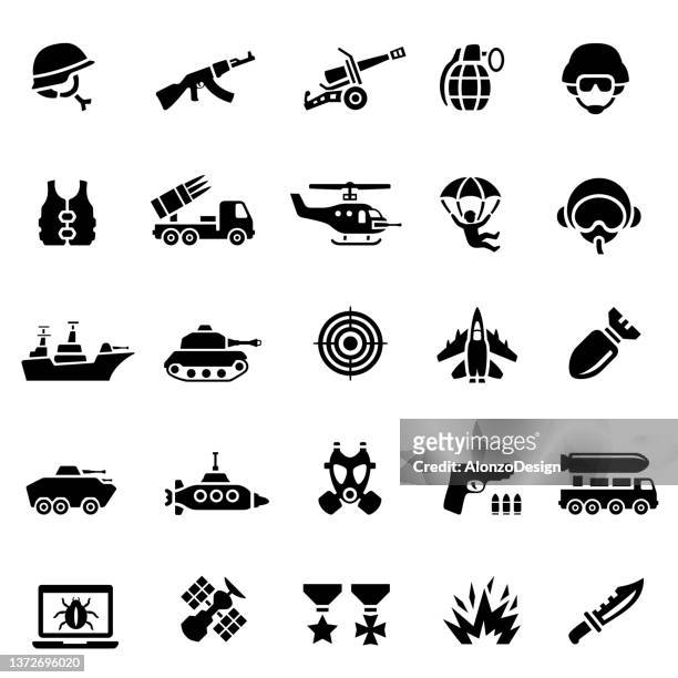 ilustraciones, imágenes clip art, dibujos animados e iconos de stock de conjunto de iconos negros militares. - kalashnikov
