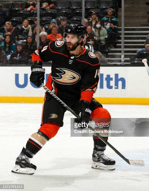 Adam Henrique of the Anaheim Ducks skates during the game against the San Jose Sharks at Honda Center on February 22, 2022 in Anaheim, California.
