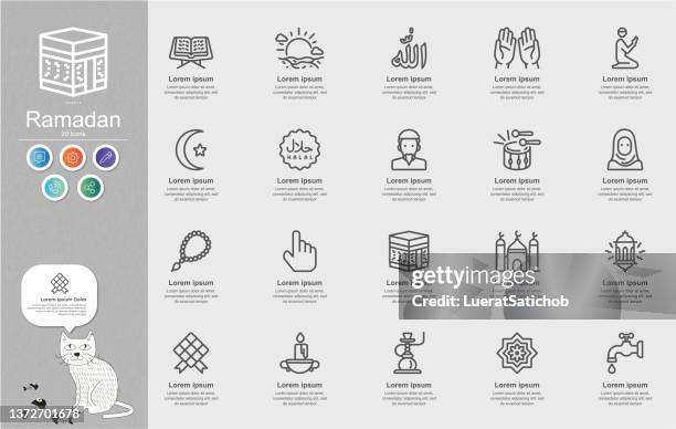 ramadan kareem, islam und islamische liniensymbole content infografik - hajj stock-grafiken, -clipart, -cartoons und -symbole