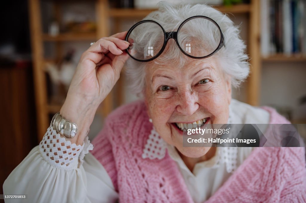 Happy senior woman with funny glasses at home and looking at camera.