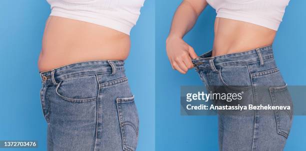 girl with overweight and without excess weight against blue background - cintura foto e immagini stock