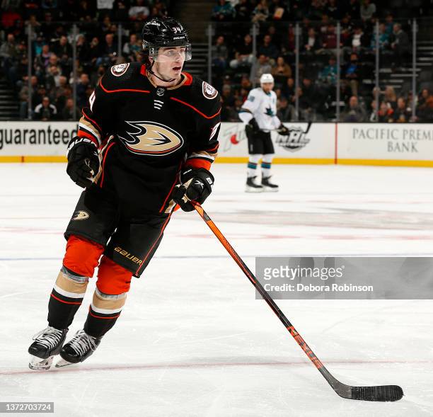 Jamie Drysdale of the Anaheim Ducks skates during the game against the San Jose Sharks at Honda Center on February 22, 2022 in Anaheim, California.