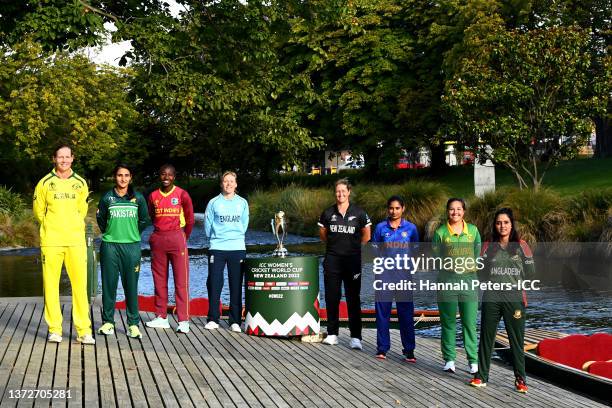 Team captains, Meg Lanning , Bismah Maroof , Stafanie Taylor , Heather Knight , Sophie Devine , Mithali Raj , Sune Luus and Nigar Sultana pose for a...