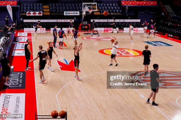 The Hawks warm up ahead of the round 13 NBL match between Illawarra Hawks and Adelaide 36ers at WIN Entertainment Centre on February 25 in...