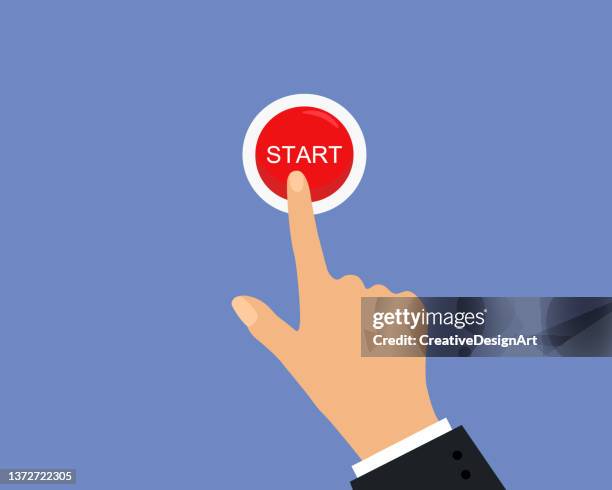 hand pushing red start button. beginning and decision concept. - start button 幅插畫檔、美工圖案、卡通及圖標