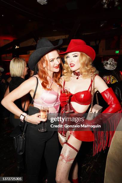 Tiah Eckhardt and Miss Miranda attend the Honey Birdette Saddle Ranch Campaign Launch Party on February 24, 2022 in West Hollywood, California.