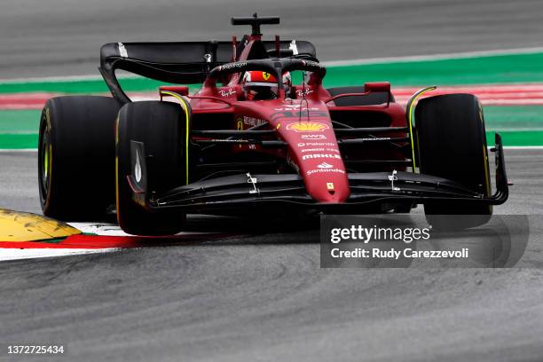 Charles Leclerc of Monaco driving the Ferrari F1-75 during Day Three of F1 Testing at Circuit de Barcelona-Catalunya on February 25, 2022 in...