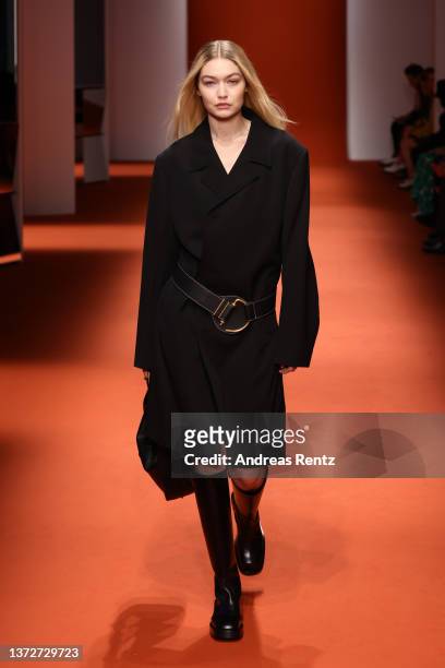 Gigi Hadid walks the runway at the Tod's fashion show during the Milan Fashion Week Fall/Winter 2022/2023 on February 25, 2022 in Milan, Italy.