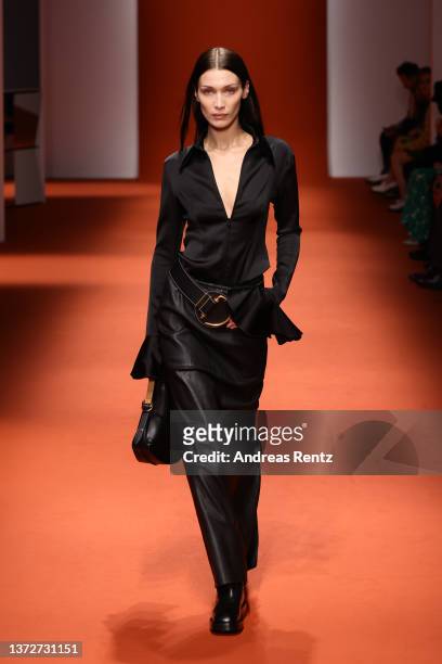 Bella Hadid walks the runway at the Tod's fashion show during the Milan Fashion Week Fall/Winter 2022/2023 on February 25, 2022 in Milan, Italy.