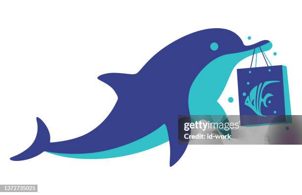 delphin hält einkaufstasche - delfin stock-grafiken, -clipart, -cartoons und -symbole