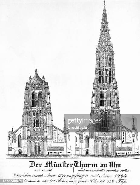 ulm minster, comparison between reality, left, and plan, right - ulm minster stock illustrations