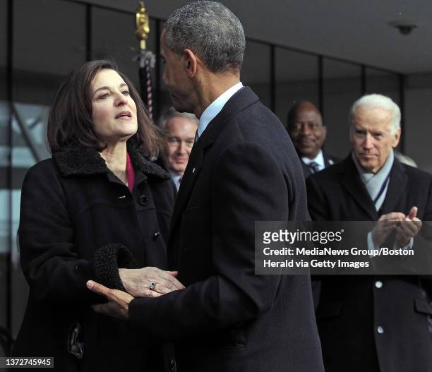 President Obama hugs Victoria Reggie Kennedy, wife of the late Ted Kennedy during the dedication ceremony at the Edward M. Kennedy Institute for the...