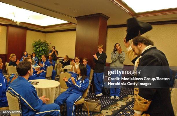 Boston, MA. Duke woman's basketball team arrive in boston and are greeted by Kim Carrell of the Freedom Trail Foundation at the Colonade Hotel .