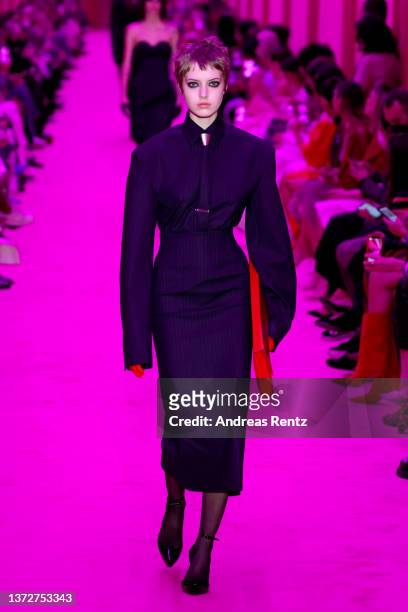 Model walks the runway at the Sportmax fashion show during the Milan Fashion Week Fall/Winter 2022/2023 on February 25, 2022 in Milan, Italy.