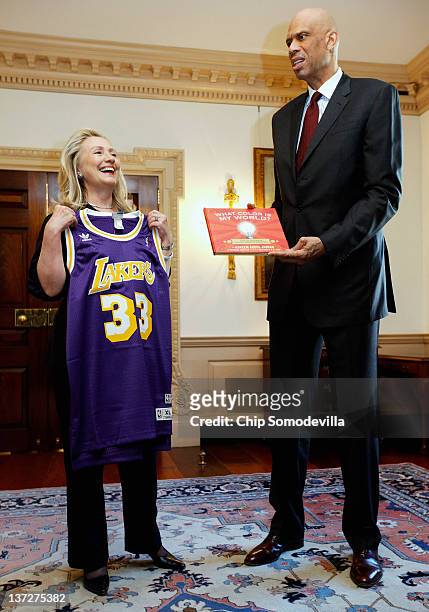 Secretary of State Hillary Clinton meets with Cultural Ambassador Kareem Abdul Jabbar at the State Department January 18, 2012 in Washington, DC....