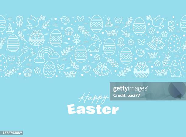 ilustrações de stock, clip art, desenhos animados e ícones de seamless pattern icons with easter eggs, flowers, bunnies and butterfly. - pascoa