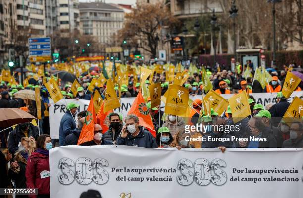Several people with flags of the protest organization AVA-Asaja, in a rally for the "survival" of the Valencian countryside, in the Plaza San...