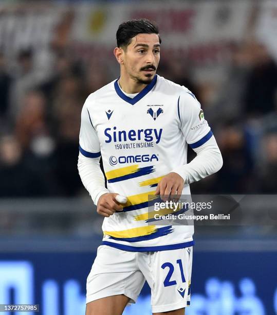 Koray Günter of Hellas Verona FC looks on during the Serie A match between AS Roma and Hellas Verona FC at Stadio Olimpico on February 19, 2022 in...